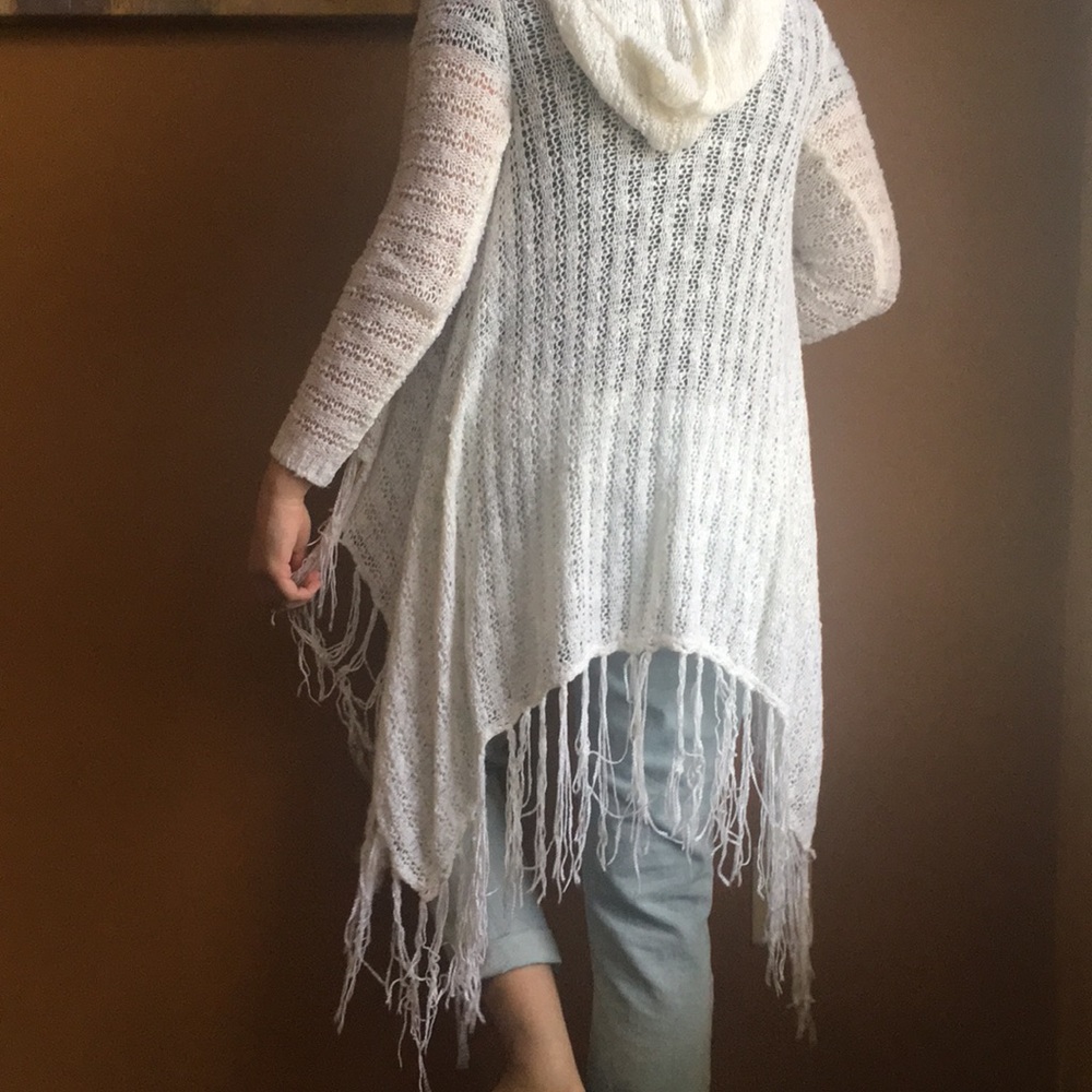 White cardigan sweater with hood